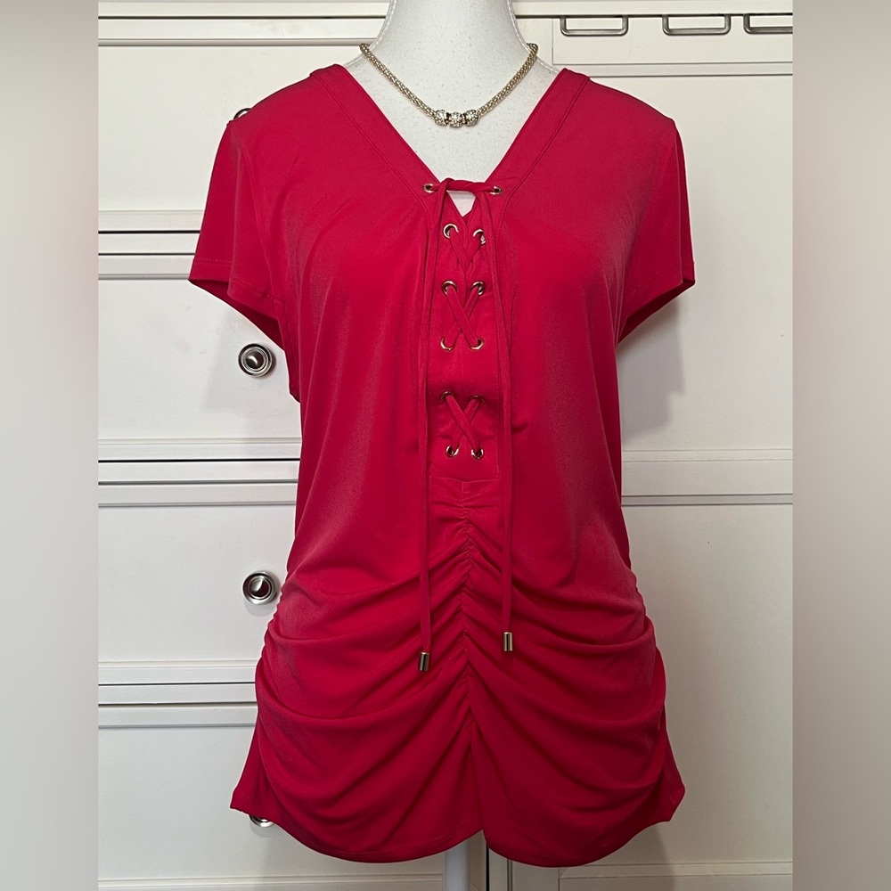 INC Pink top with lace up front and ruching. Size L. NWOT